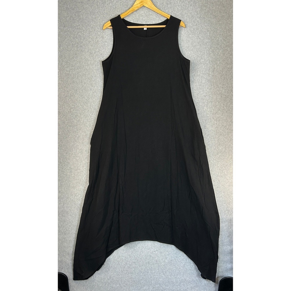 Black‎ Asymmetric Sleeveless Maxi Tank Dress Pockets Lagenlook Misslook Medium